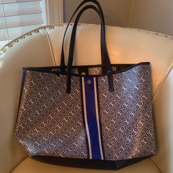 Tory Burch Black and Blue Patterned Tote - Picture 1 of 5